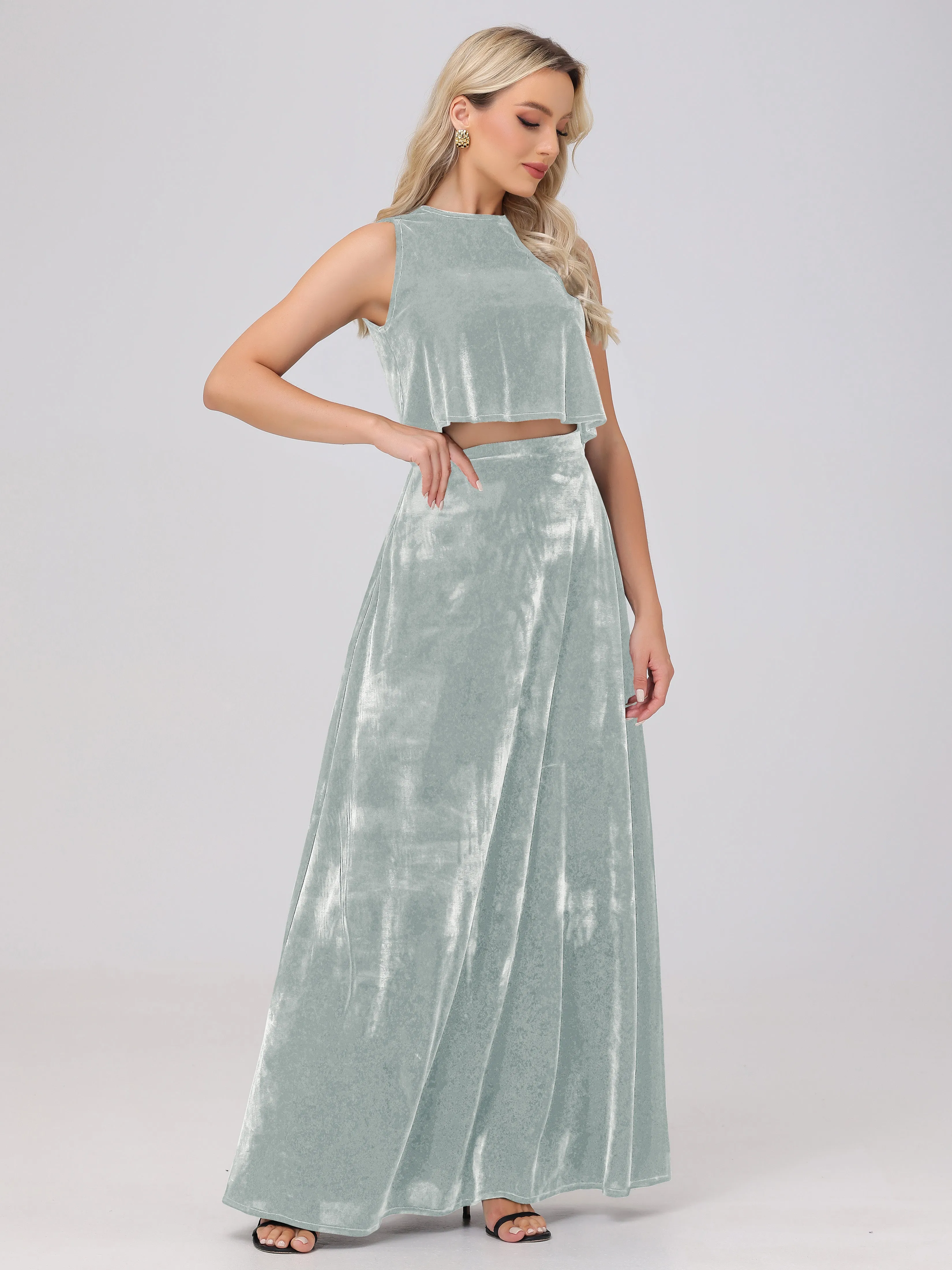 2 Piece Halter Sleeveless Long Velvet Bridesmaid Dresses With Split