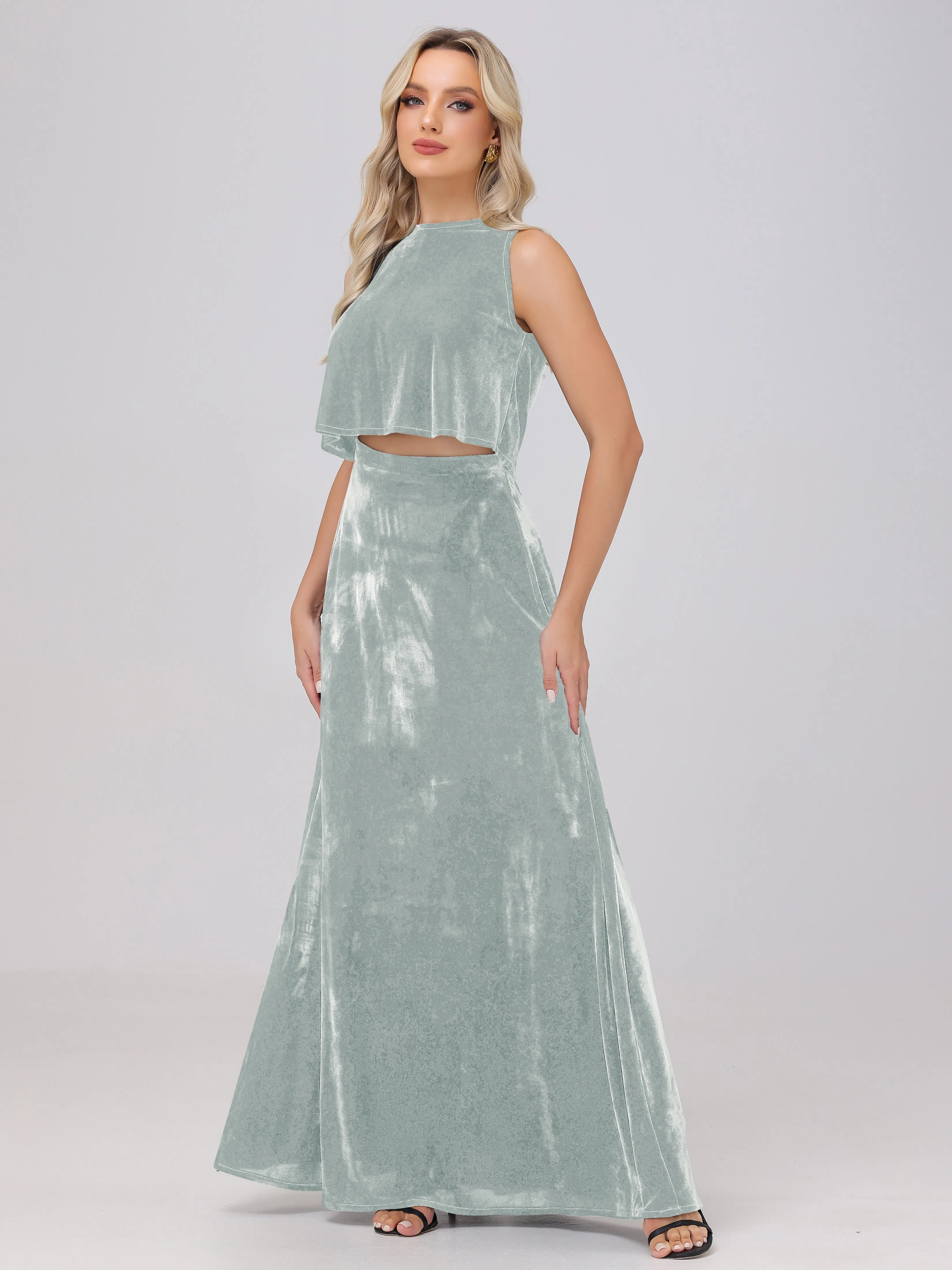 2 Piece Halter Sleeveless Long Velvet Bridesmaid Dresses With Split