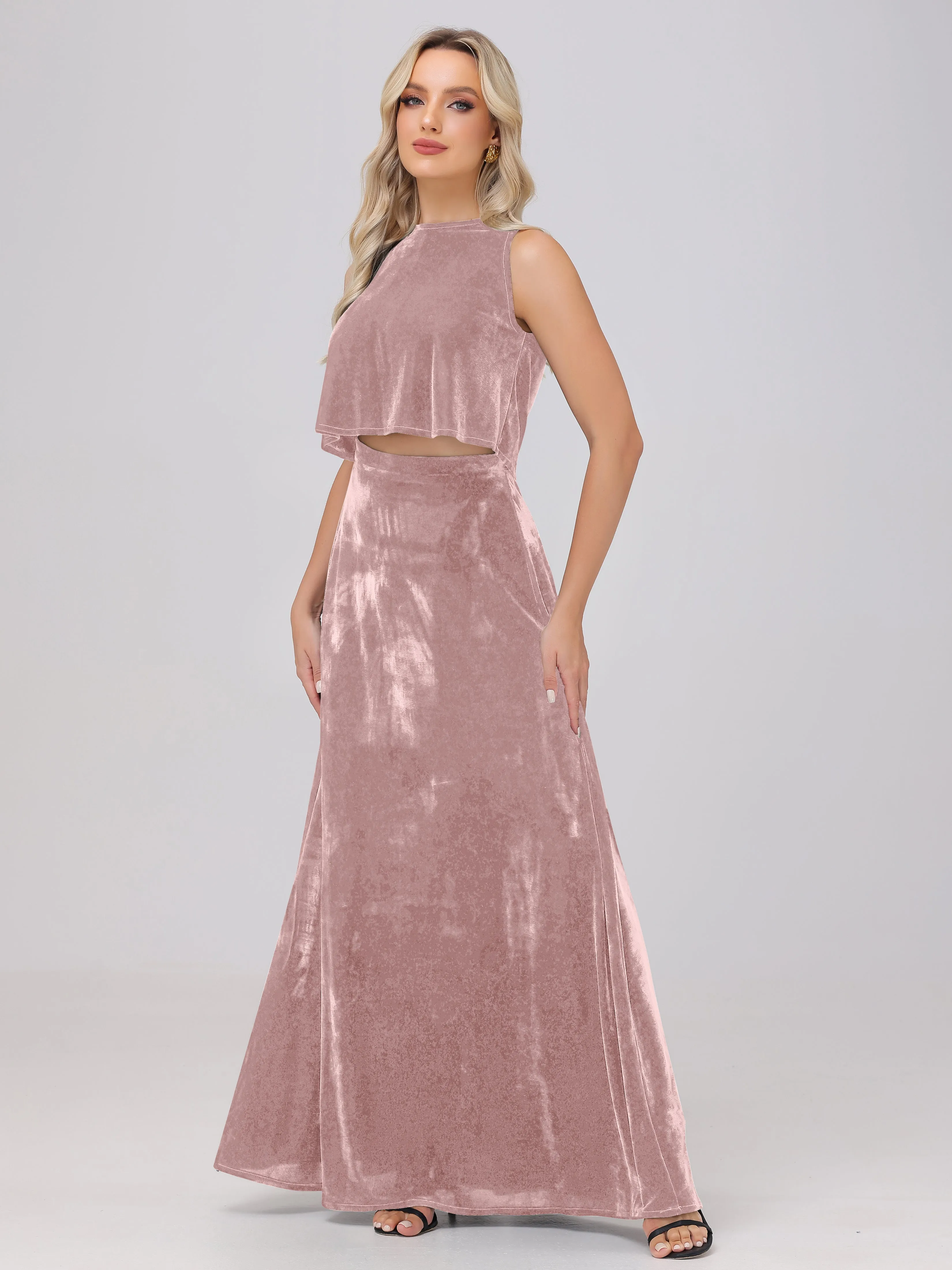 2 Piece Halter Sleeveless Long Velvet Bridesmaid Dresses With Split