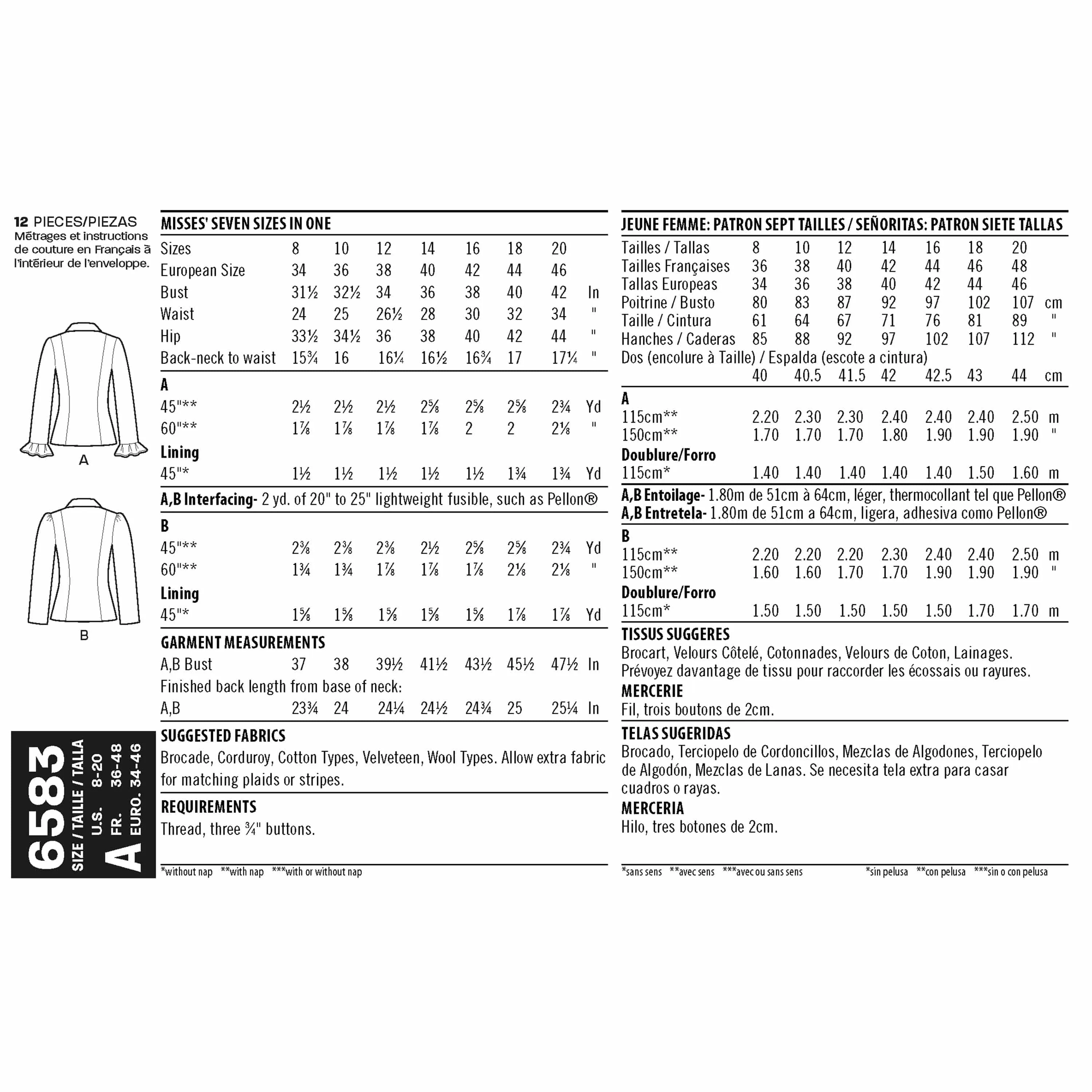 6583 New Look Pattern 6583 Misses' Lined Jacket