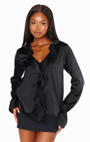 Adela Ruffle Top ~ Black Luxe Satin