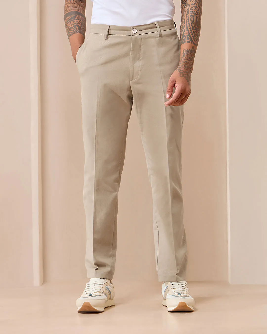 Beige Comfort Fit Cotton Chinos