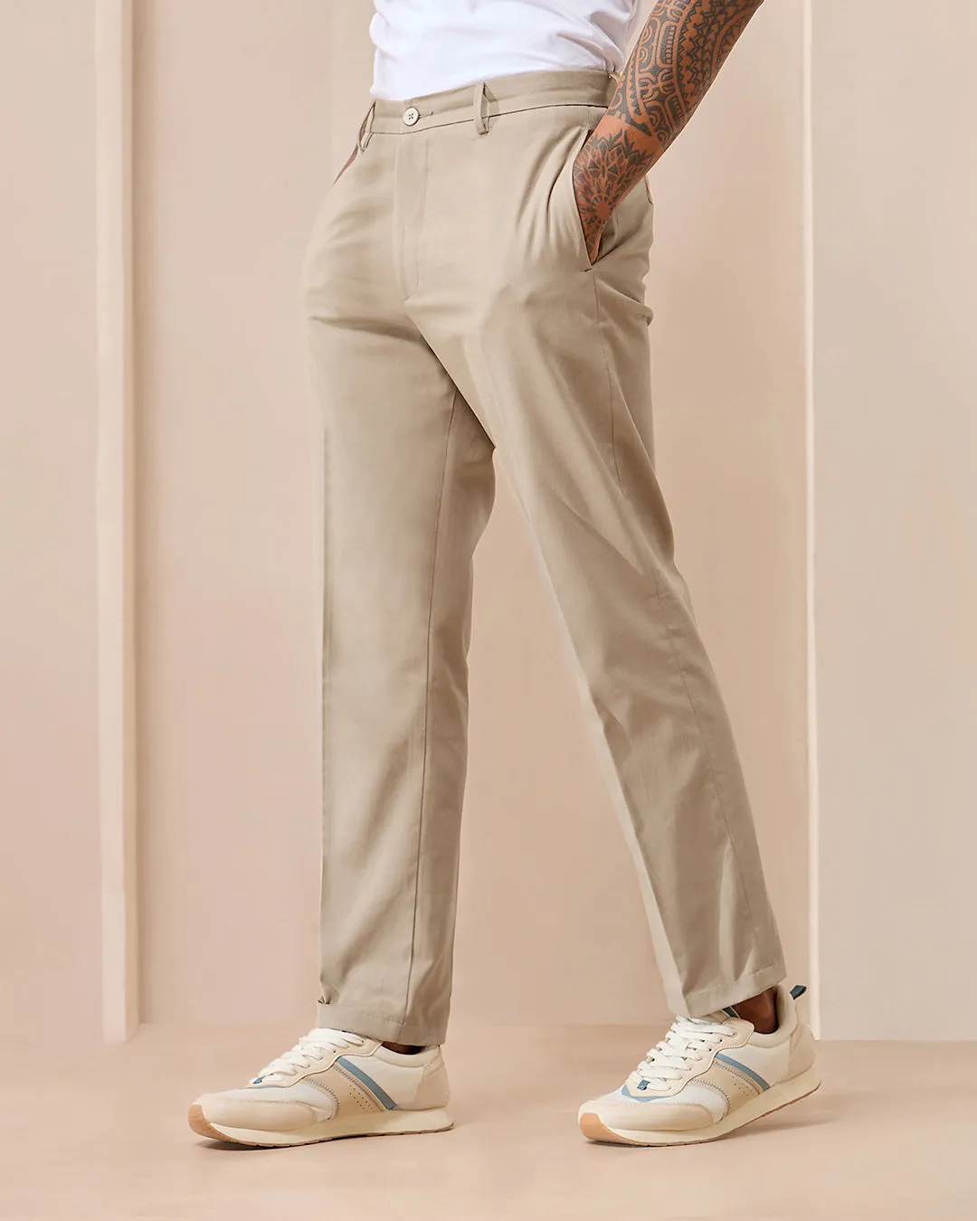 Beige Comfort Fit Cotton Chinos