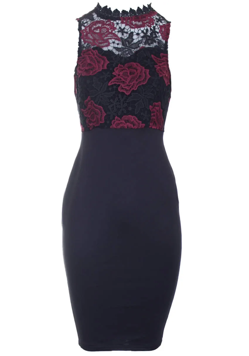 Black And Wine Crochet Midi Dress