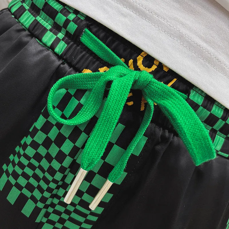 Black Green Geometric Checkered Embroidered Jogger Pants