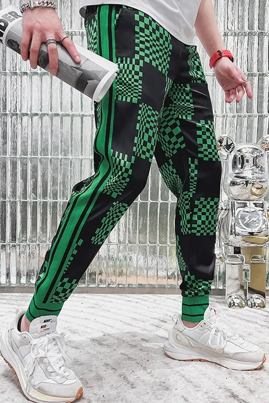 Black Green Geometric Checkered Embroidered Jogger Pants