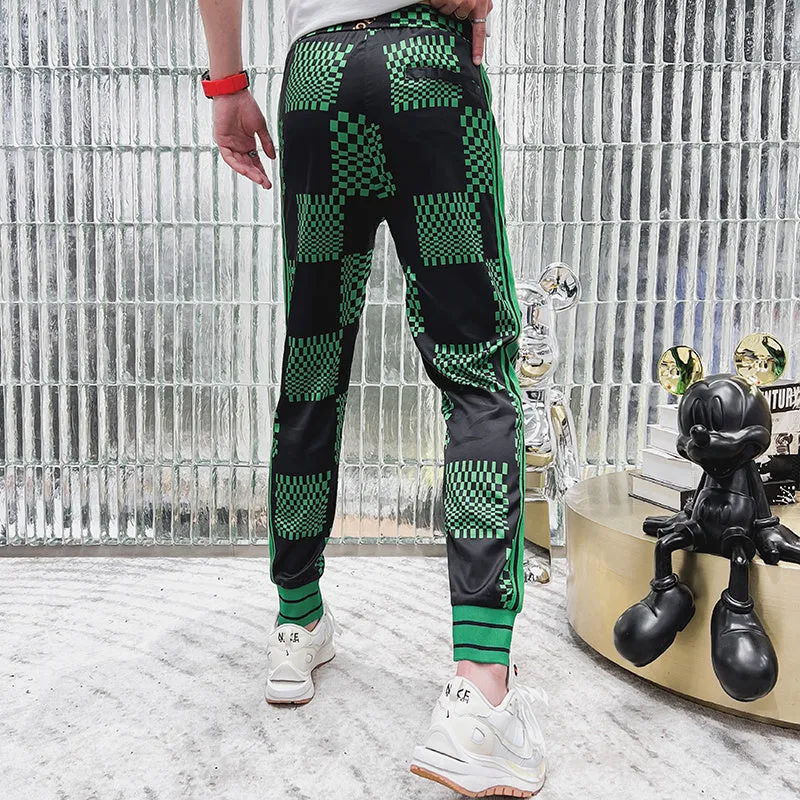 Black Green Geometric Checkered Embroidered Jogger Pants