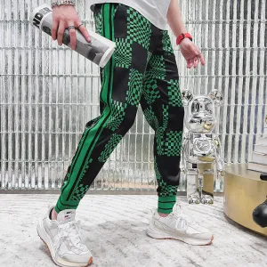 Black Green Geometric Checkered Embroidered Jogger Pants