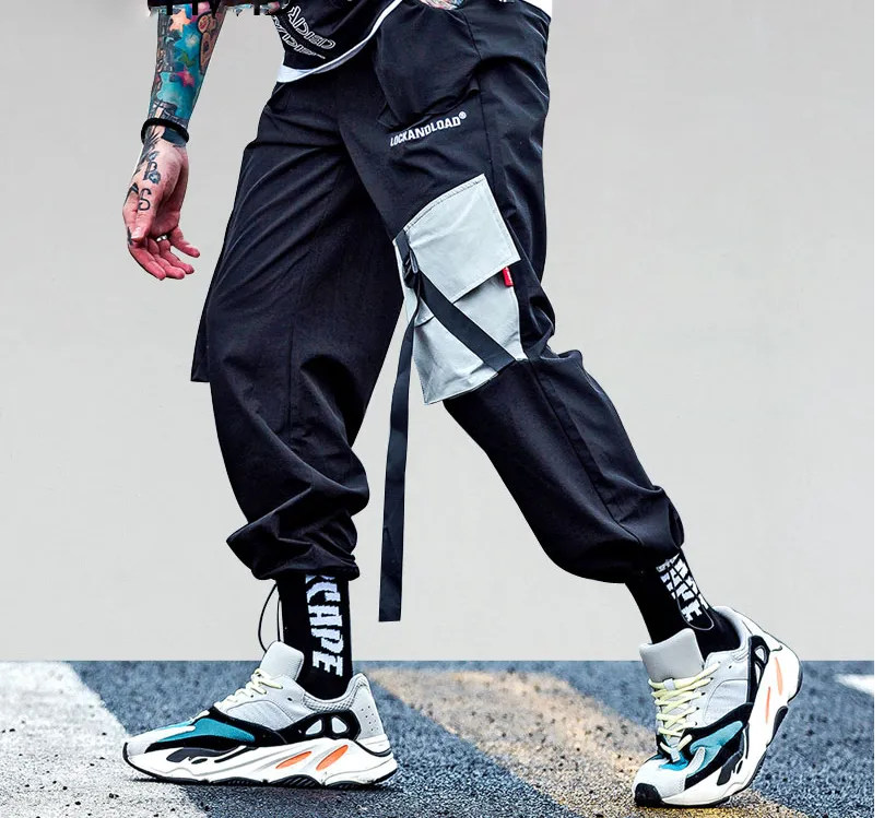 Black in Contrast Pocket Cargo Streetwear Hip Hop Men Pant