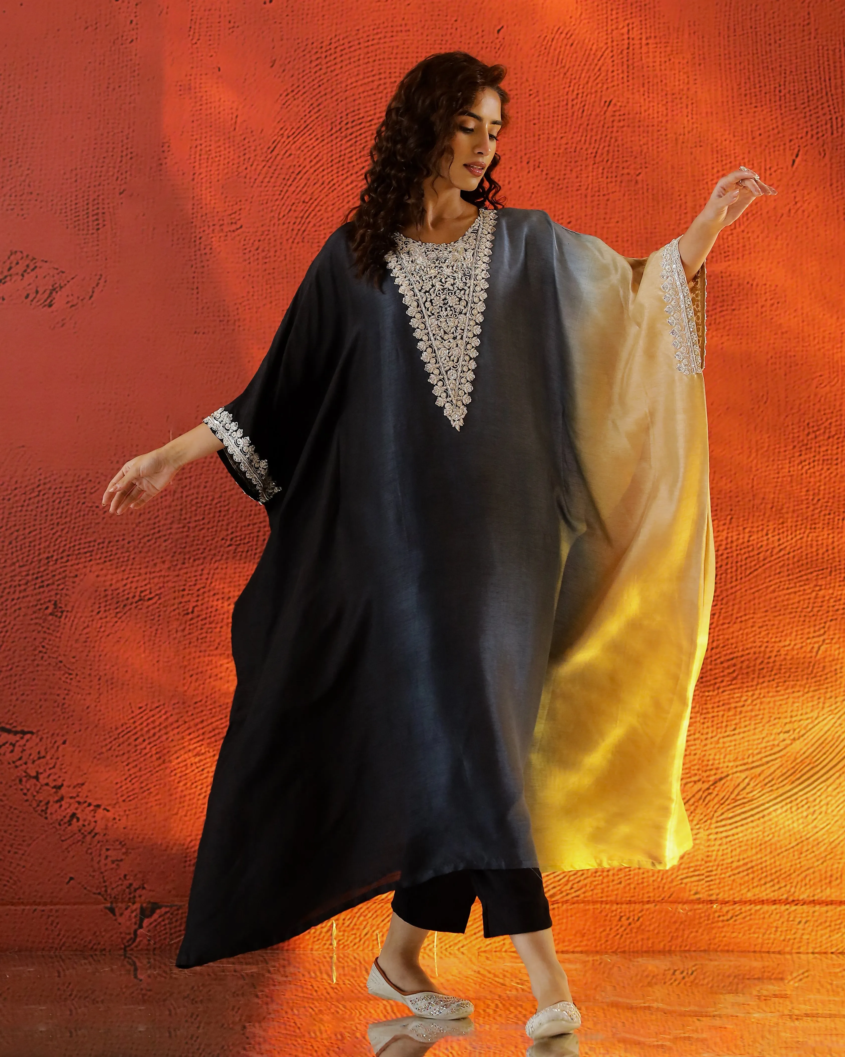 Blue Embellished Raw Silk Kaftan Set