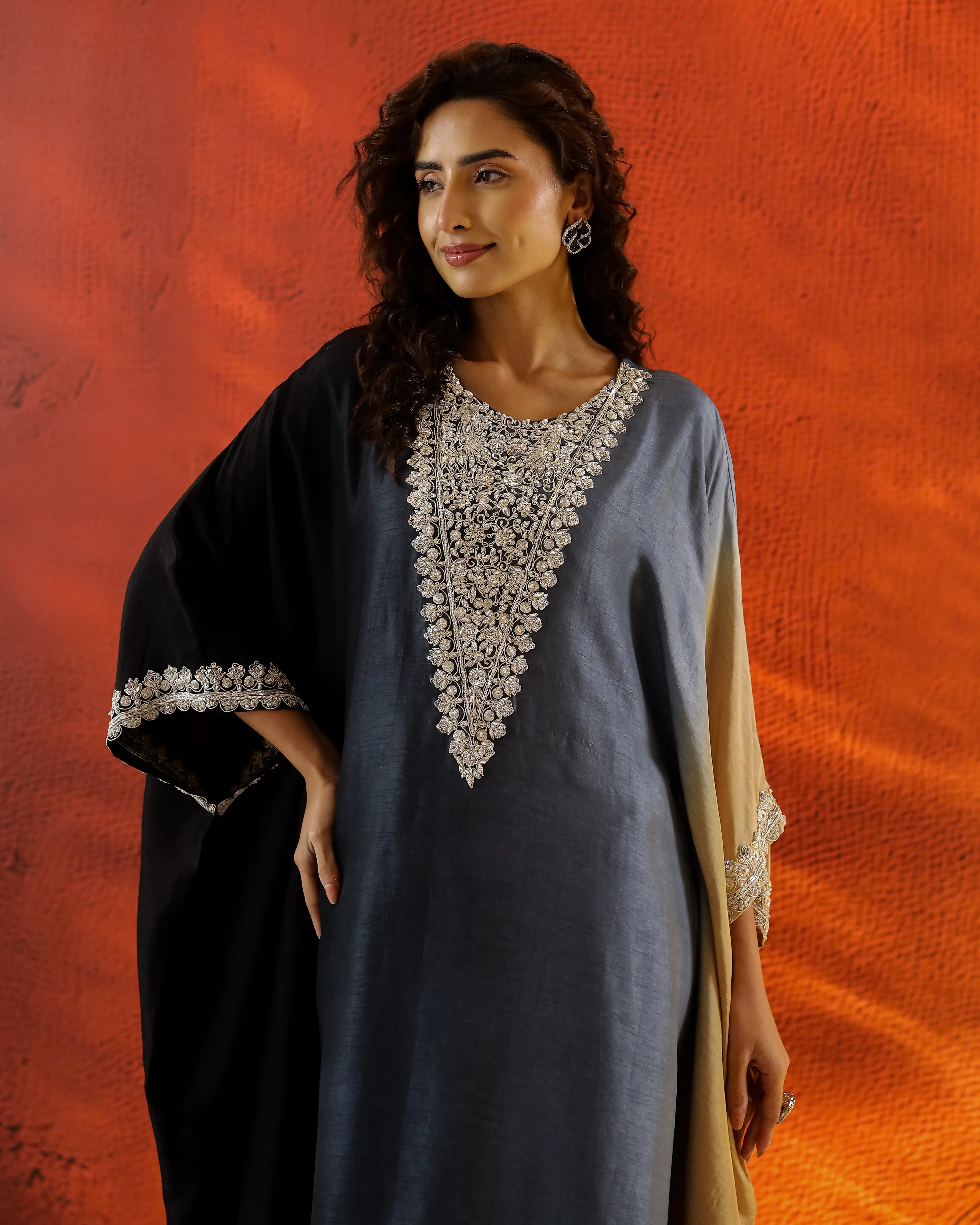 Blue Embellished Raw Silk Kaftan Set