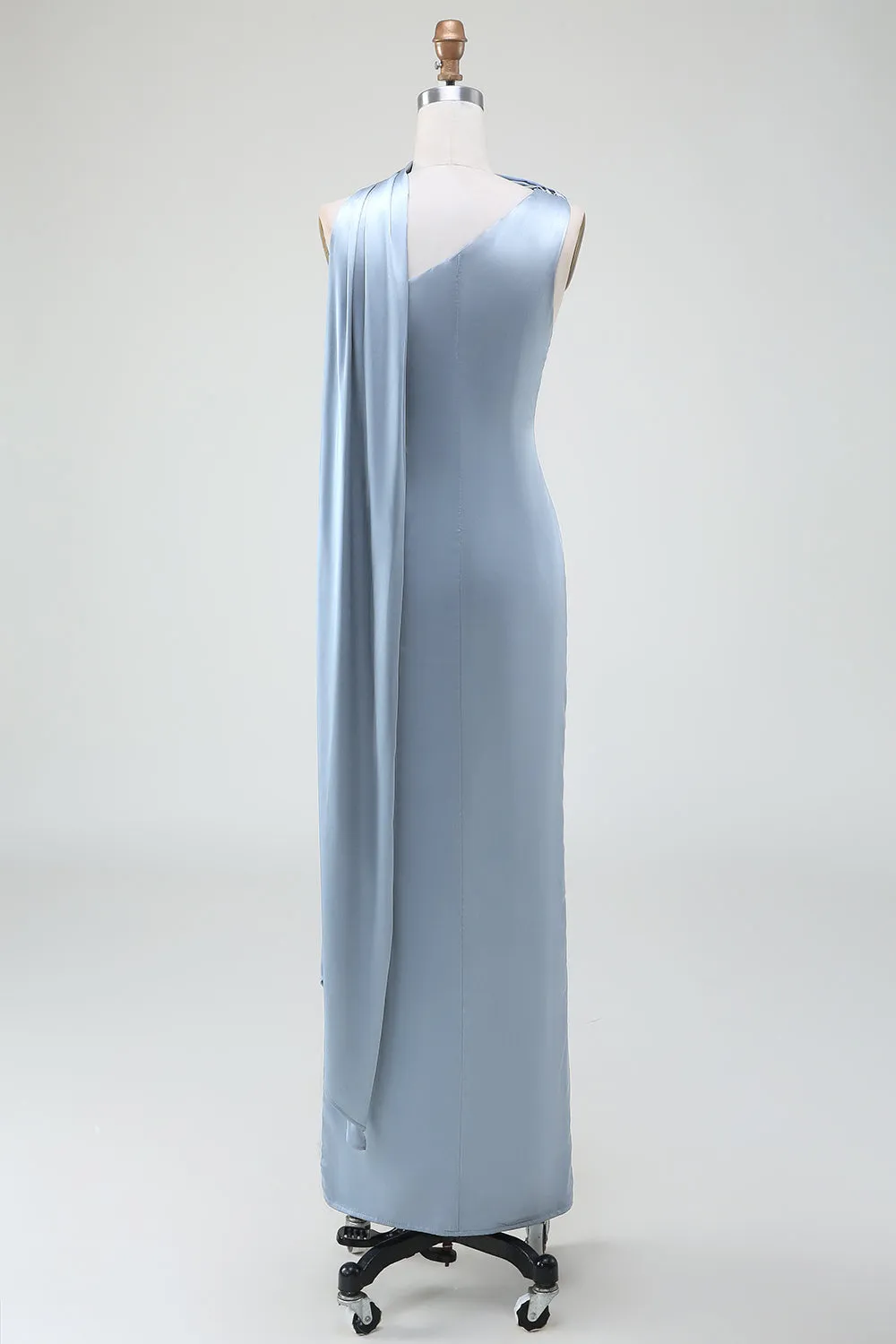 Blue Sheath One Shoulder Satin Bridesmaid Dress