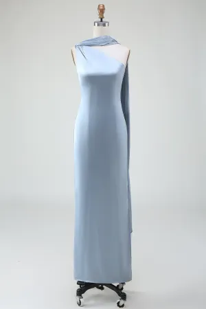 Blue Sheath One Shoulder Satin Bridesmaid Dress