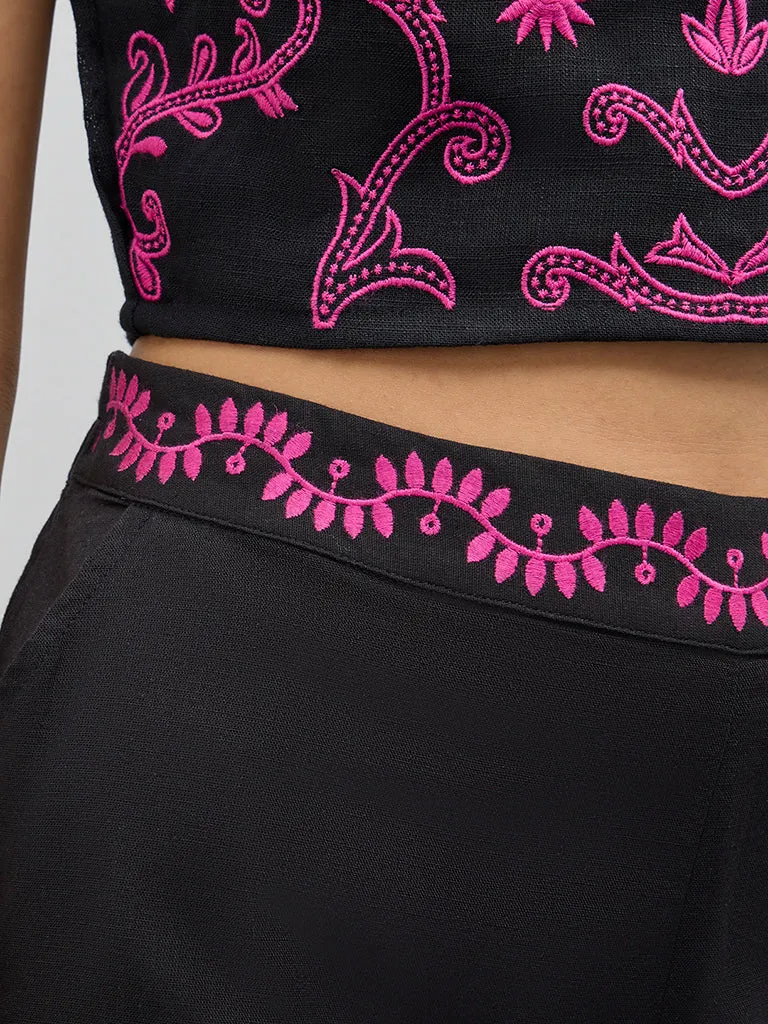 Bombay Paisley Black Embroidered High-Rise Cotton Pants