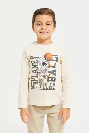 Boys Beige Planet Ball Printed T-Shirt