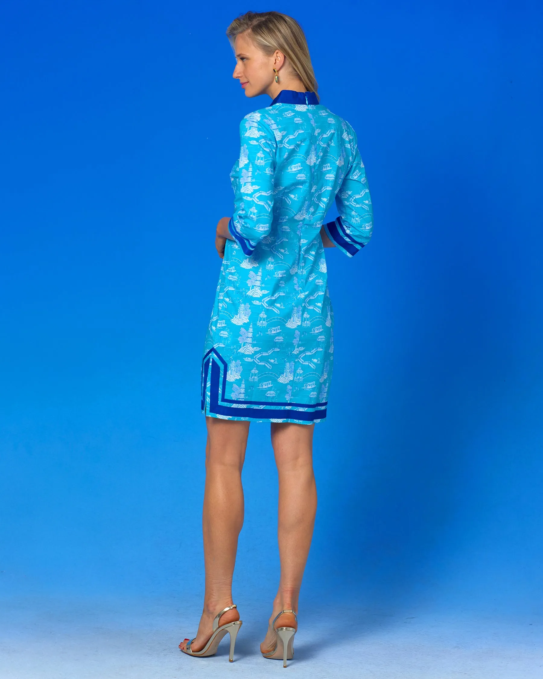 Capri Short Tunic Dress in Turquoise Blue Scenic Toile