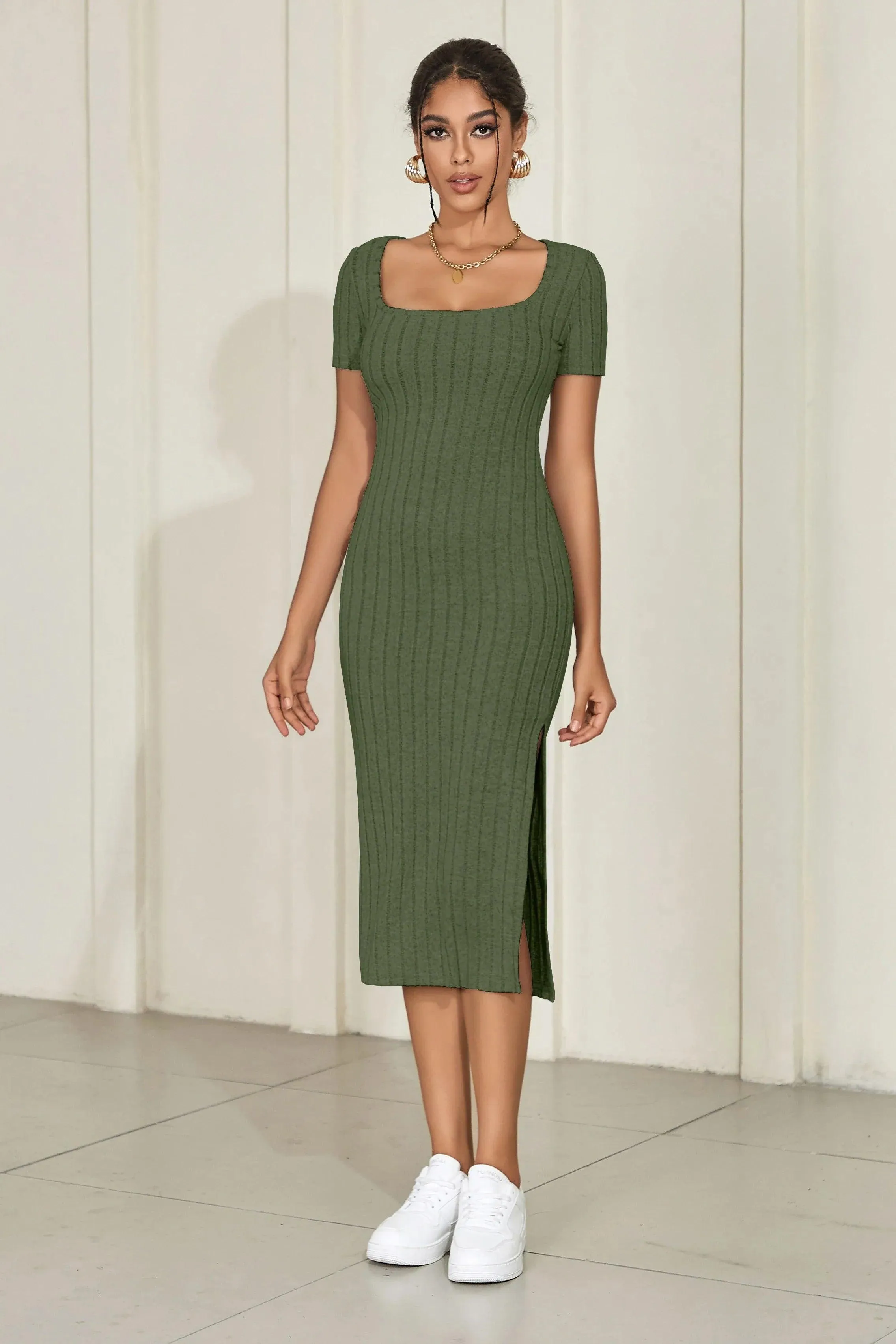 Chic Knitted Square Neck Summer Dress: Sophisticated Elegance & Comfort