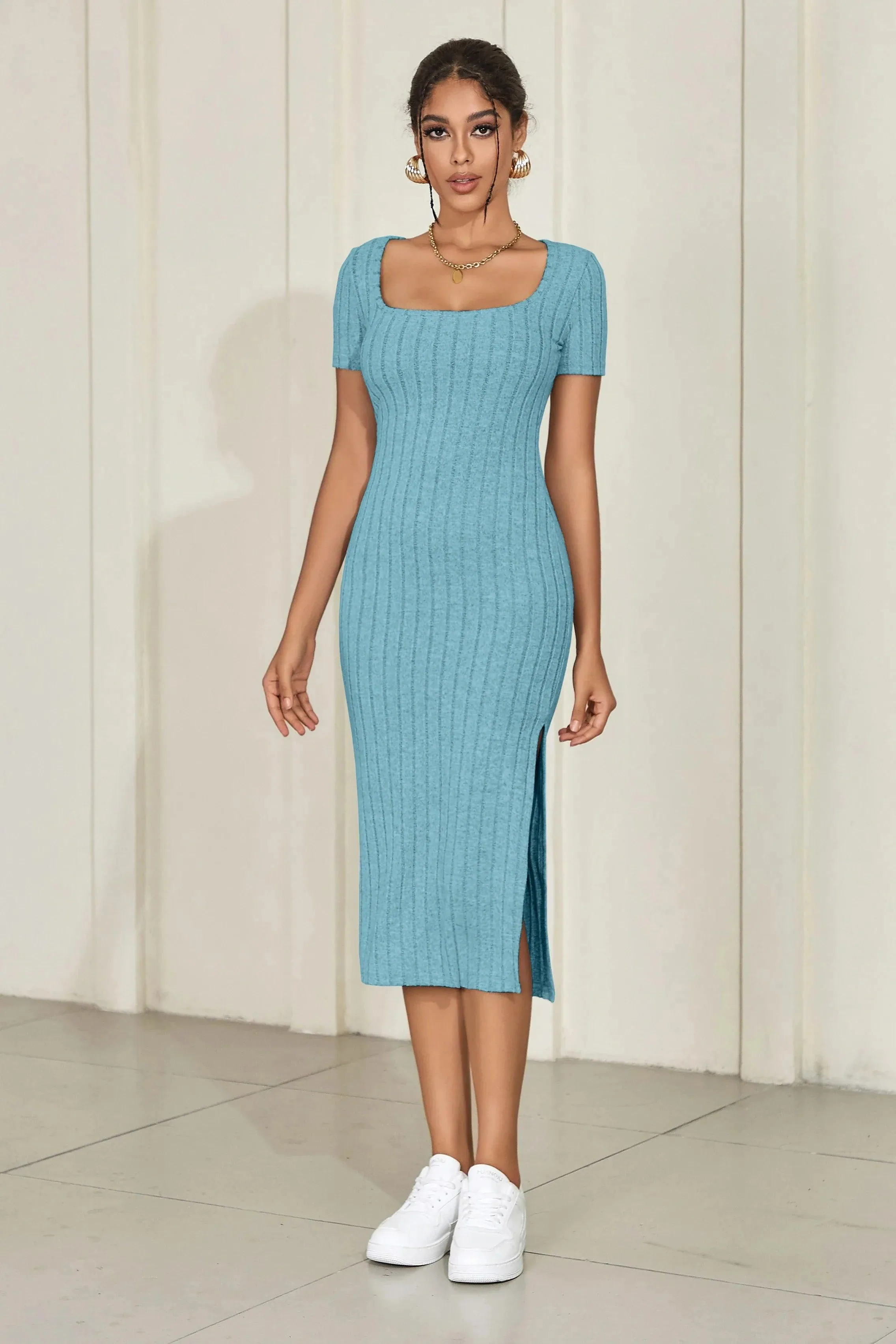 Chic Knitted Square Neck Summer Dress: Sophisticated Elegance & Comfort