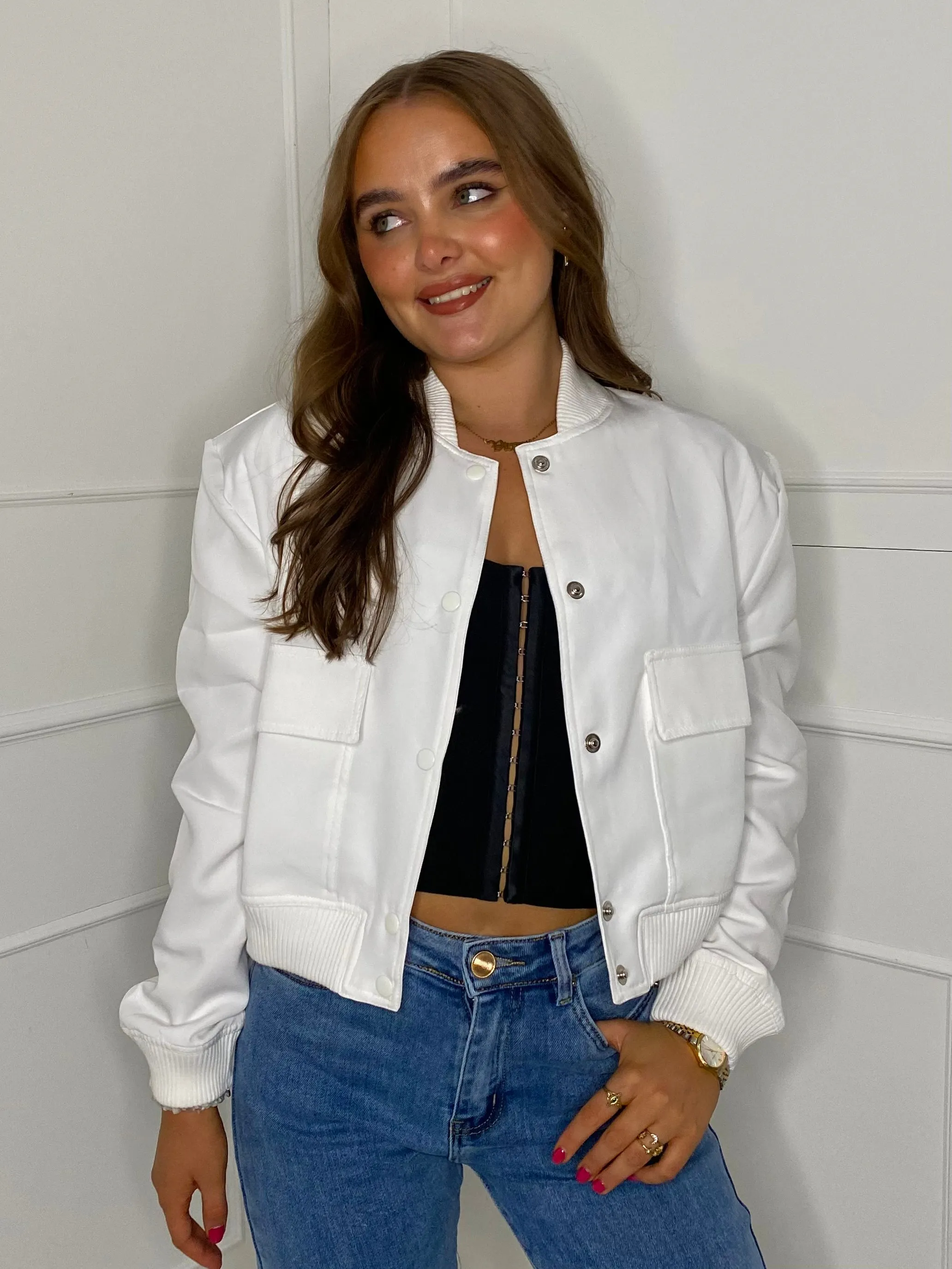 Cropped Pocket Detail Bomber Jacket - White