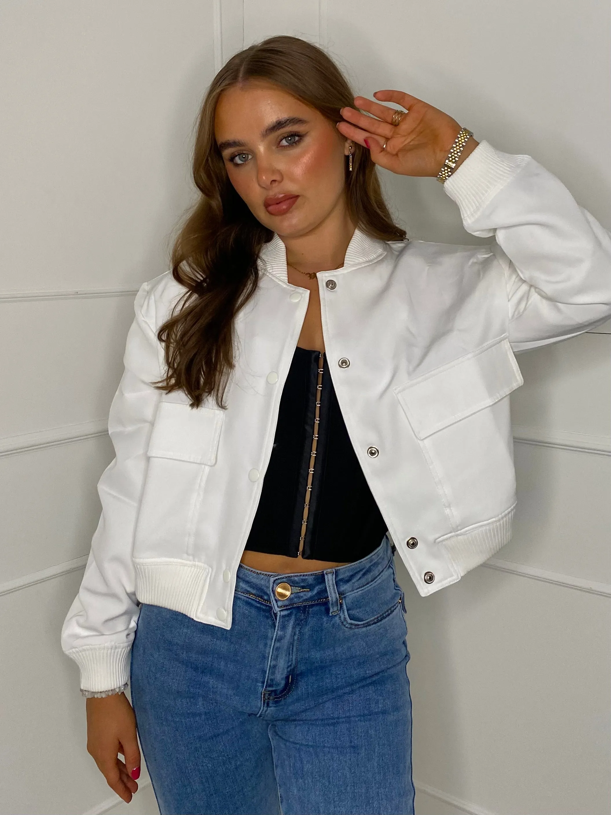 Cropped Pocket Detail Bomber Jacket - White