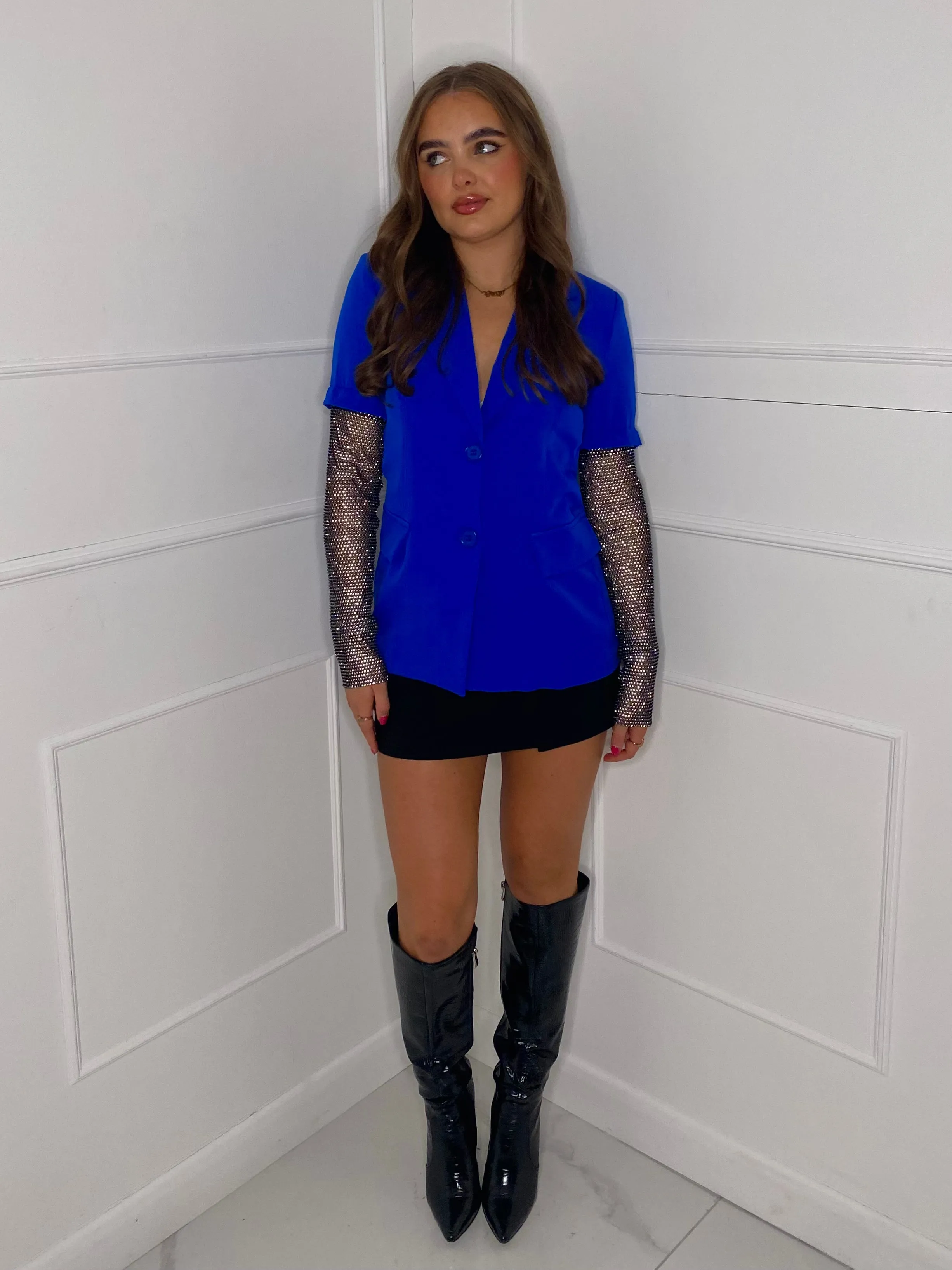 Diamanté Chainmail Sleeve Blazer - Royal Blue