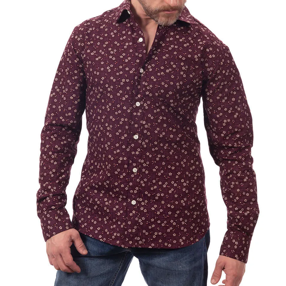 DUNCAN Long Sleeve Shirt in Mulberry Purple Mini Floral Print