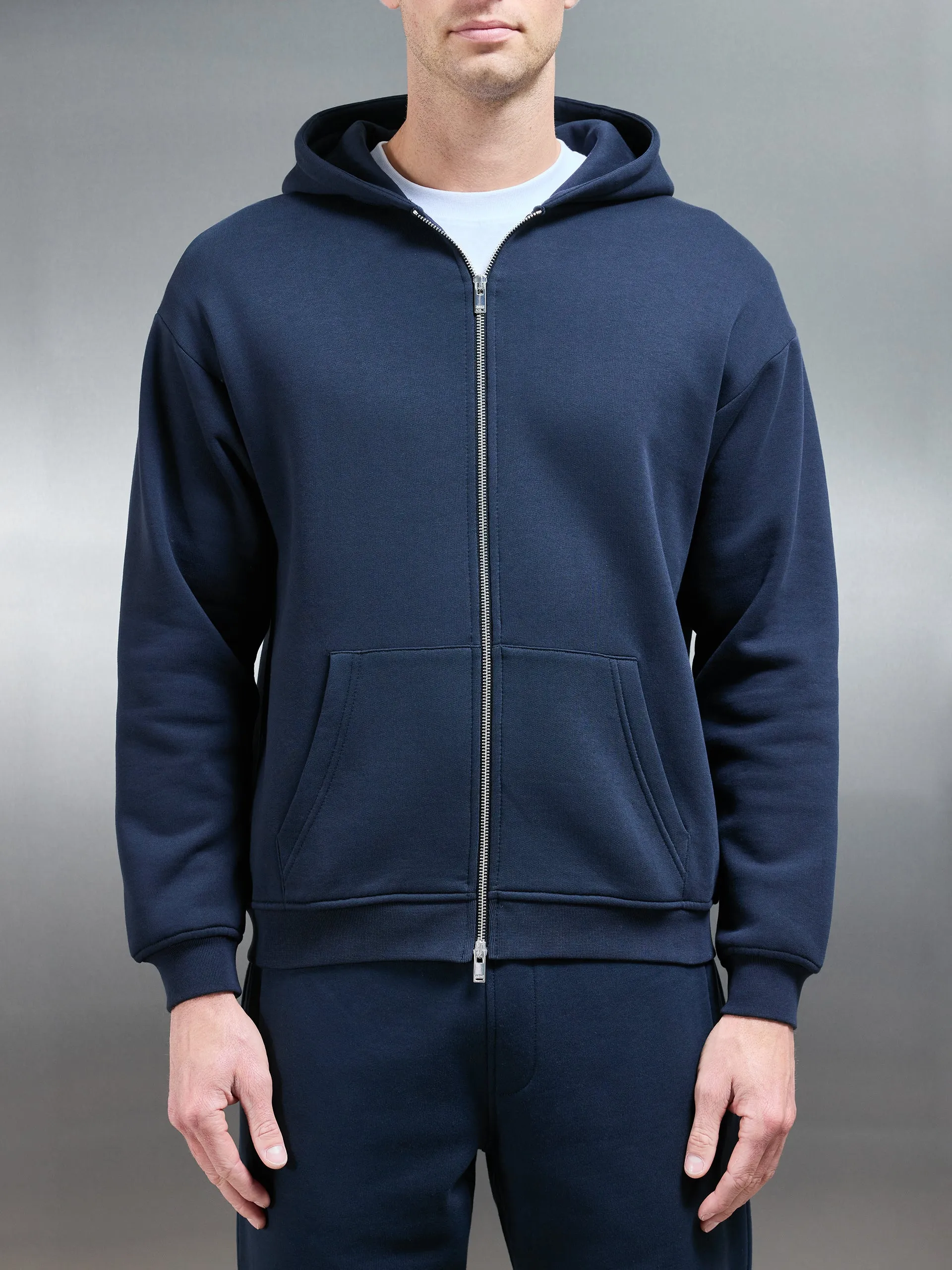 Essential Relaxed Fit Zip Through Hoodie in Navy