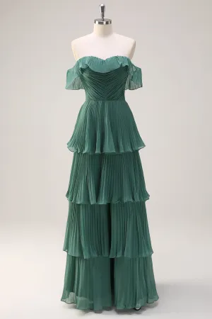 Eucalyptus Tiered A Line Pleated Off the Shoulder Bridesmaid Dress