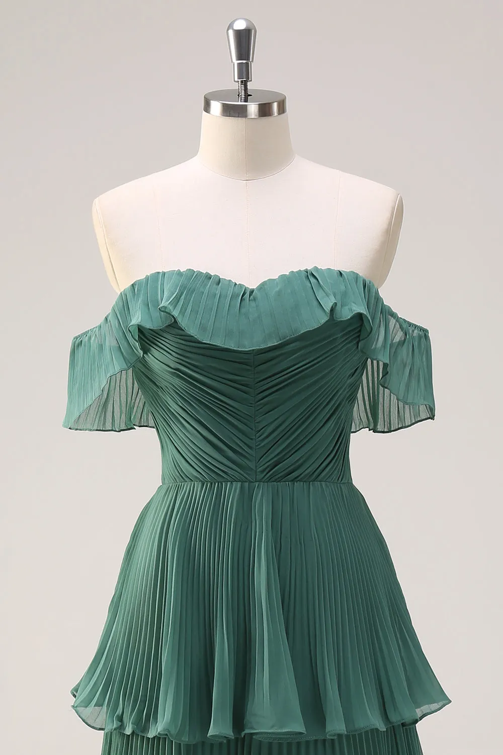 Eucalyptus Tiered A Line Pleated Off the Shoulder Bridesmaid Dress