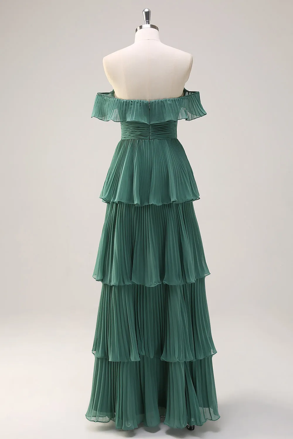 Eucalyptus Tiered A Line Pleated Off the Shoulder Bridesmaid Dress