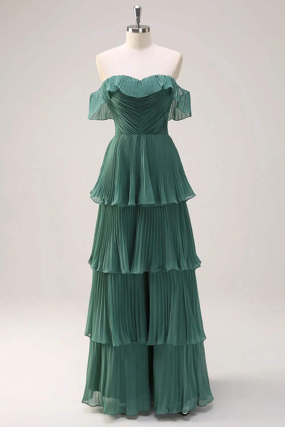 Eucalyptus Tiered A Line Pleated Off the Shoulder Bridesmaid Dress