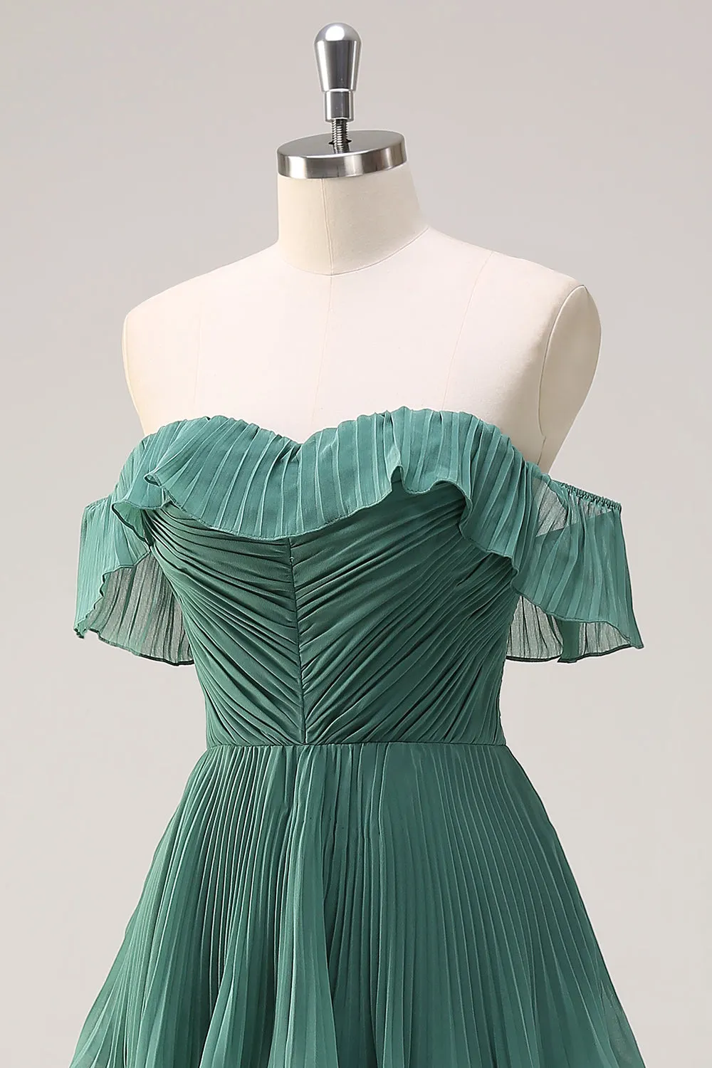 Eucalyptus Tiered A Line Pleated Off the Shoulder Bridesmaid Dress