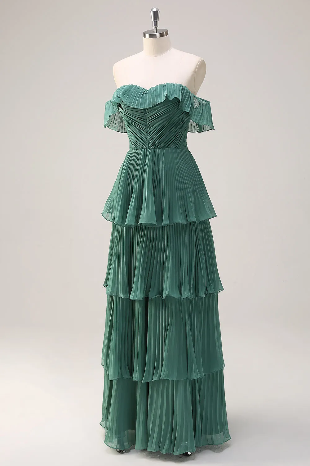 Eucalyptus Tiered A Line Pleated Off the Shoulder Bridesmaid Dress