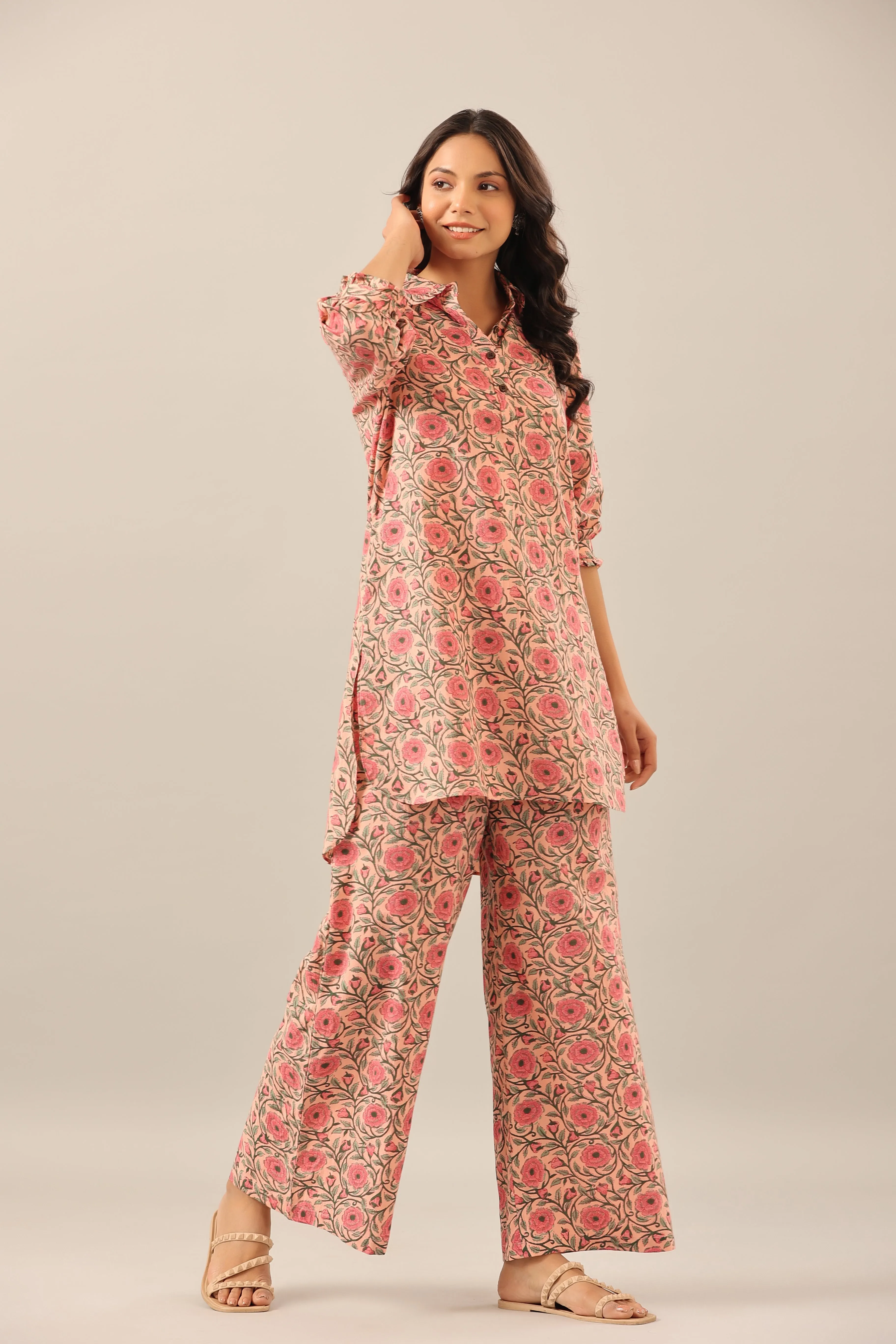 Floral Mosaic on Pink Collared Smoked Sleeves Palazzo Loungewear Set