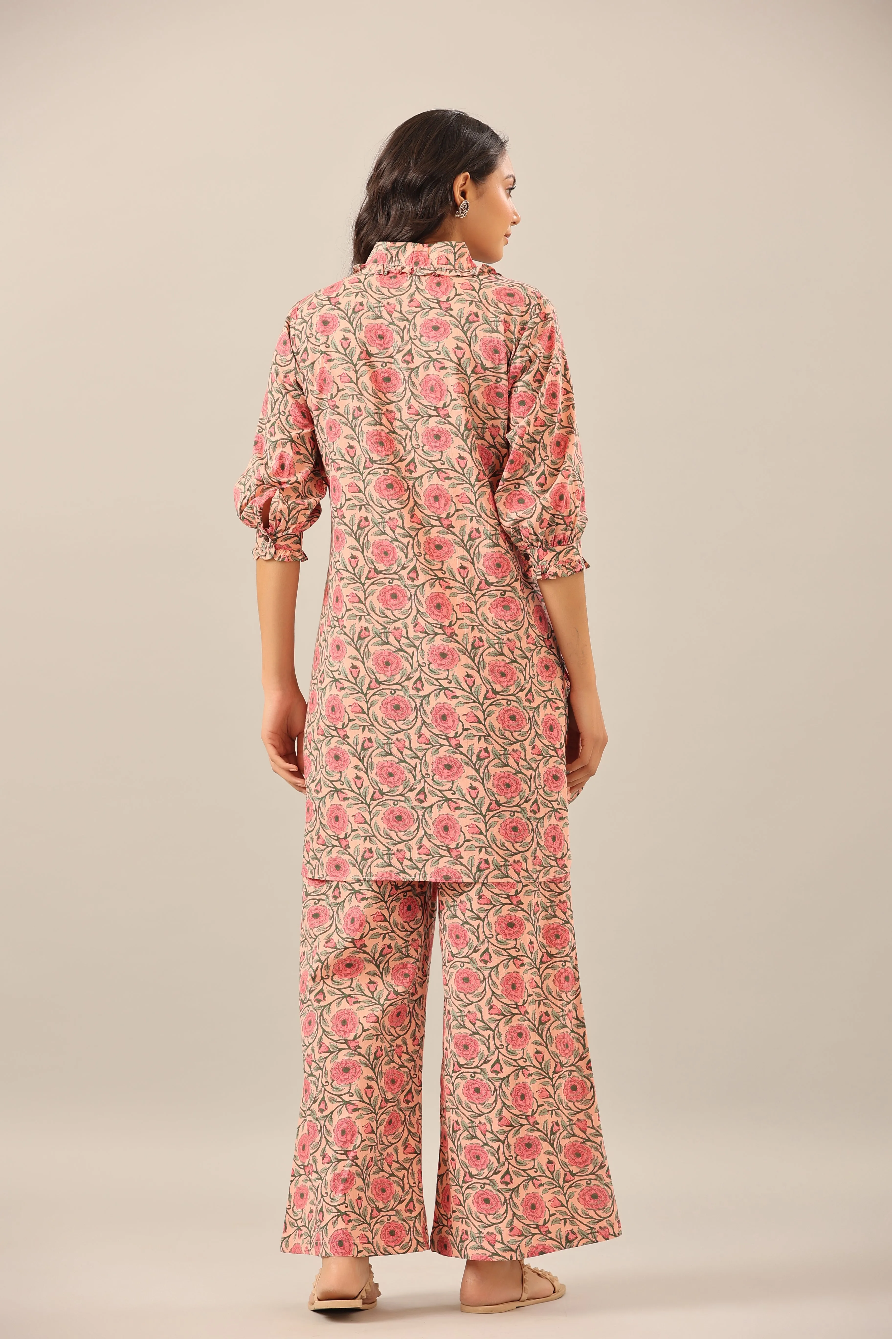 Floral Mosaic on Pink Collared Smoked Sleeves Palazzo Loungewear Set