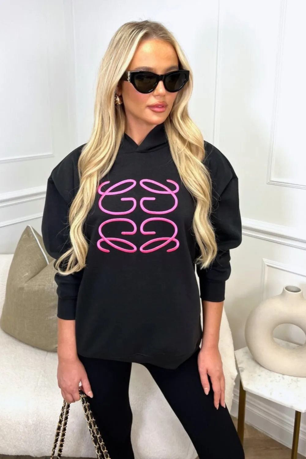 Gege black embroidered with pink premium essential relaxed hoodie