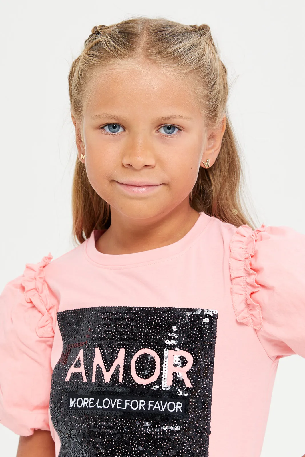 Girls Pink Sequins Embellishment T-Shirt