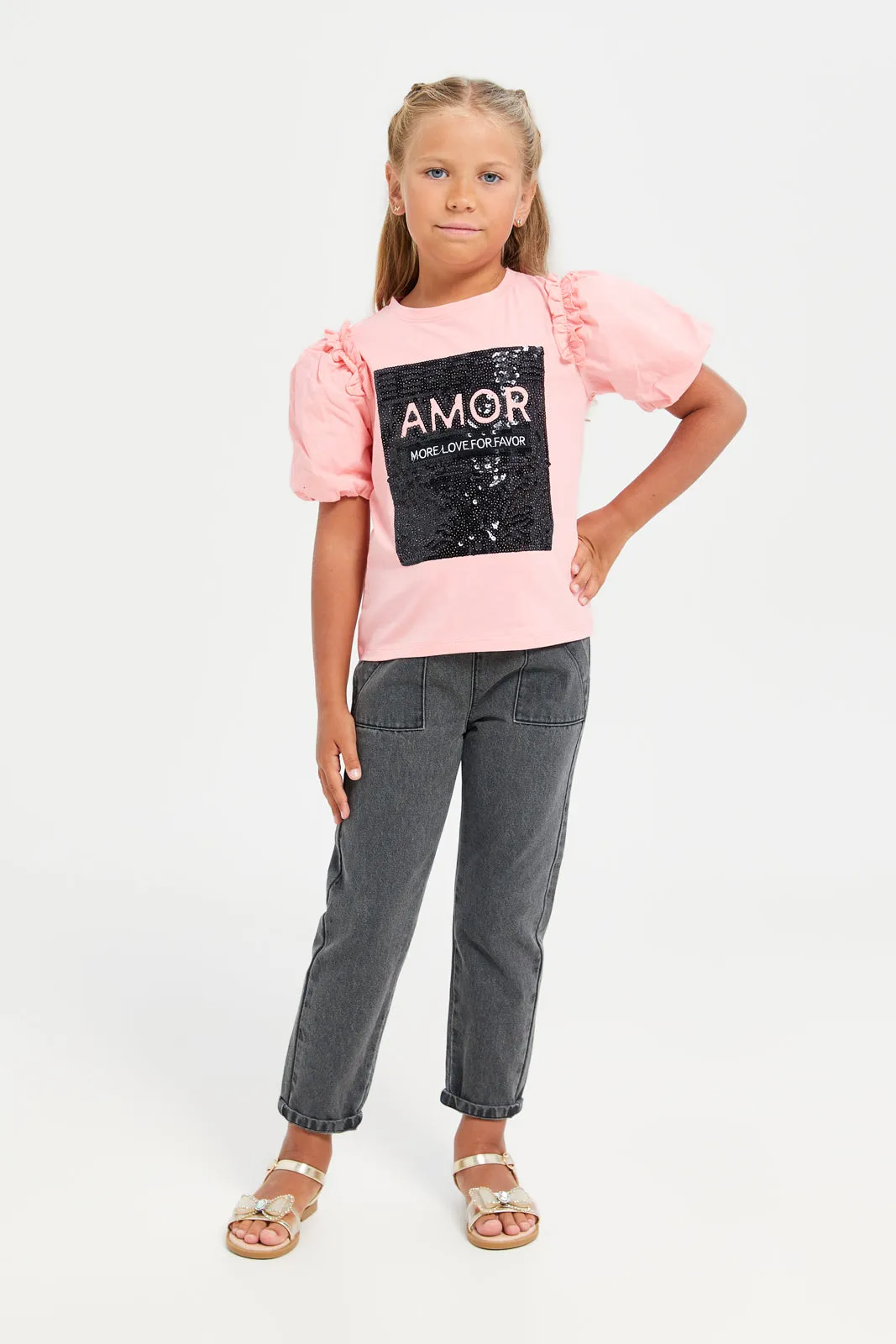 Girls Pink Sequins Embellishment T-Shirt