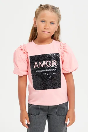 Girls Pink Sequins Embellishment T-Shirt