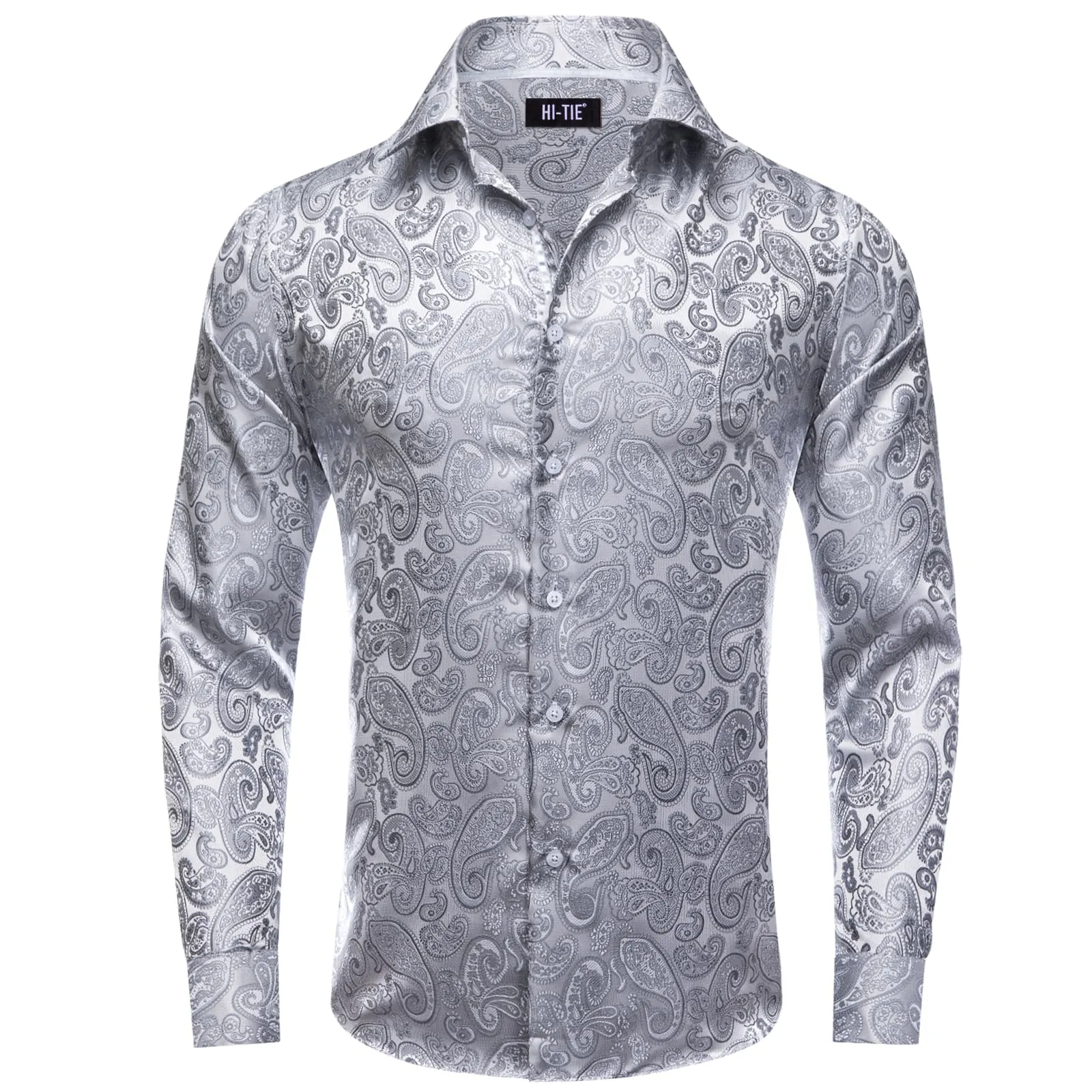 Hi-Tie Long Sleeve Shirt Silver Grey Paisley Winsdor Collar Mens Shirt