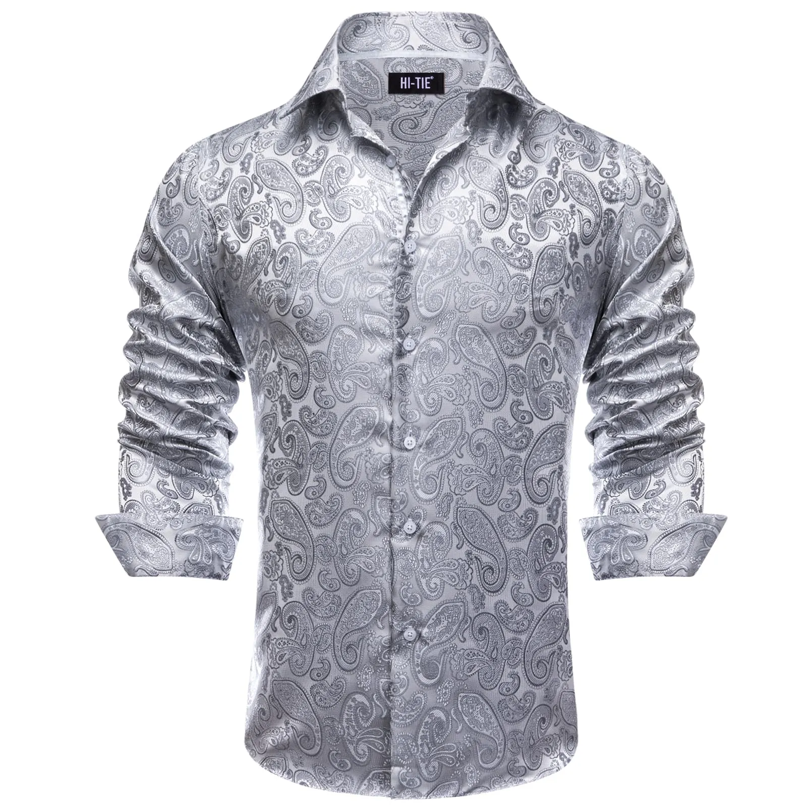 Hi-Tie Long Sleeve Shirt Silver Grey Paisley Winsdor Collar Mens Shirt