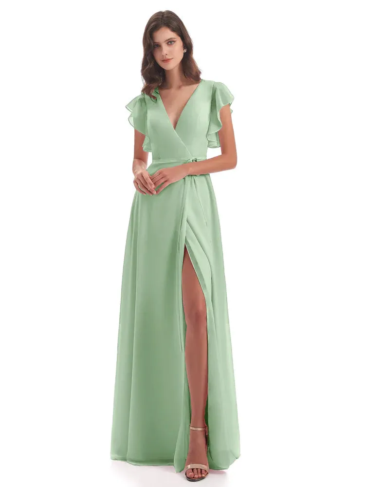 Hope Charming V Neck Long Chiffon Bridesmaid Dresses