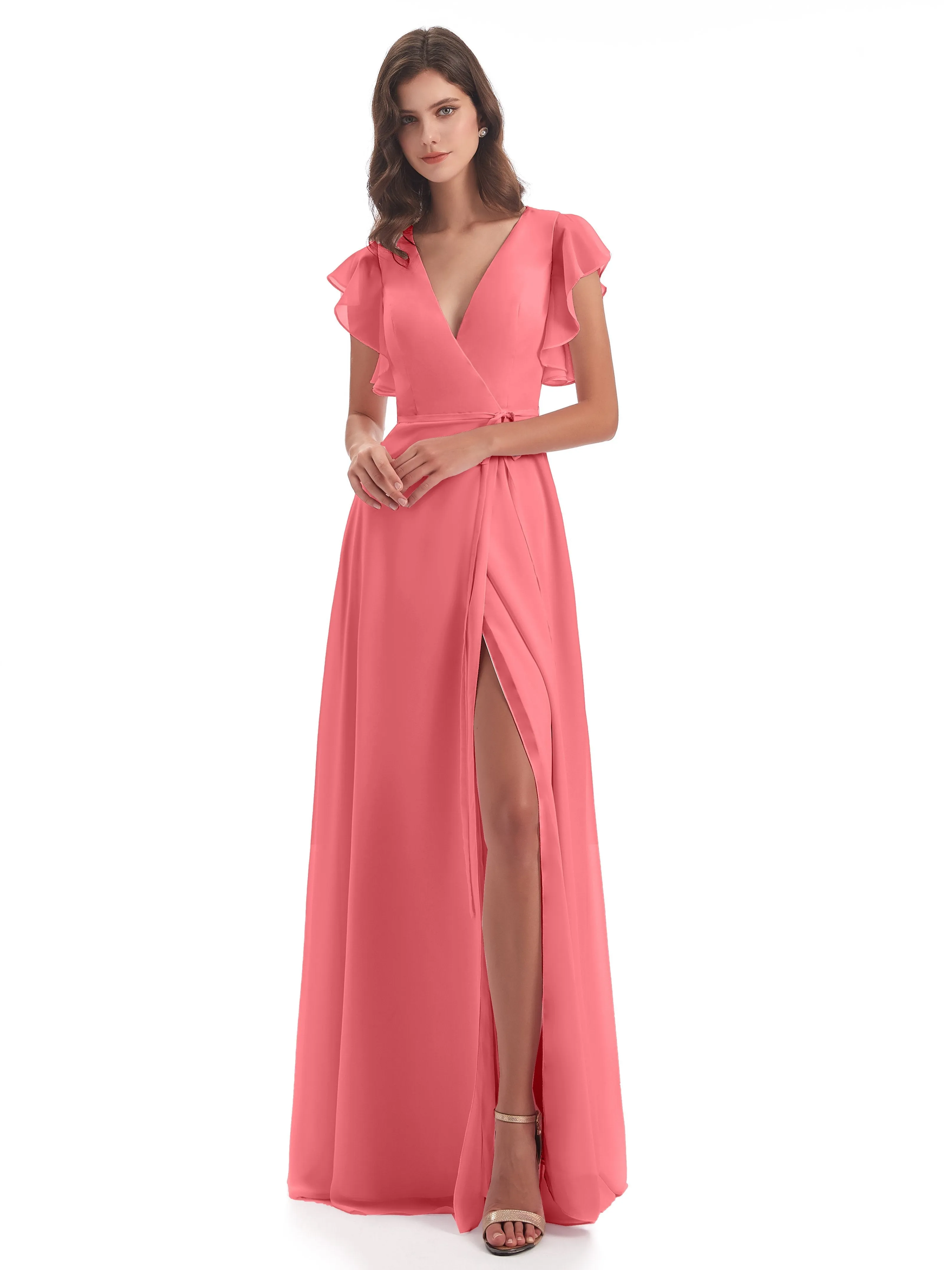 Hope Charming V Neck Long Chiffon Bridesmaid Dresses