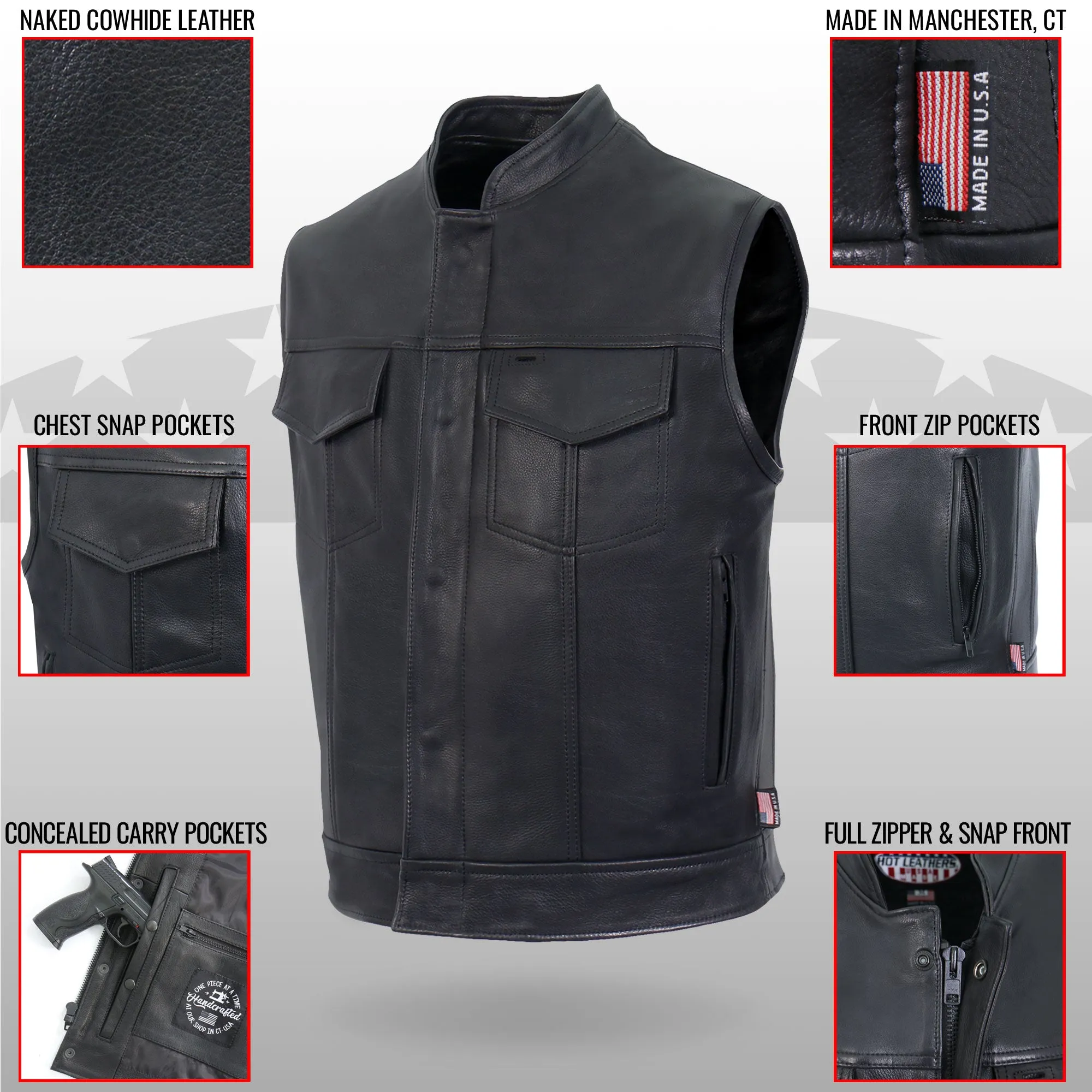 Hot Leathers VSM5004 Men's USA Made Covered Zipper Premium Club Biker Leather Motorcycle Vest