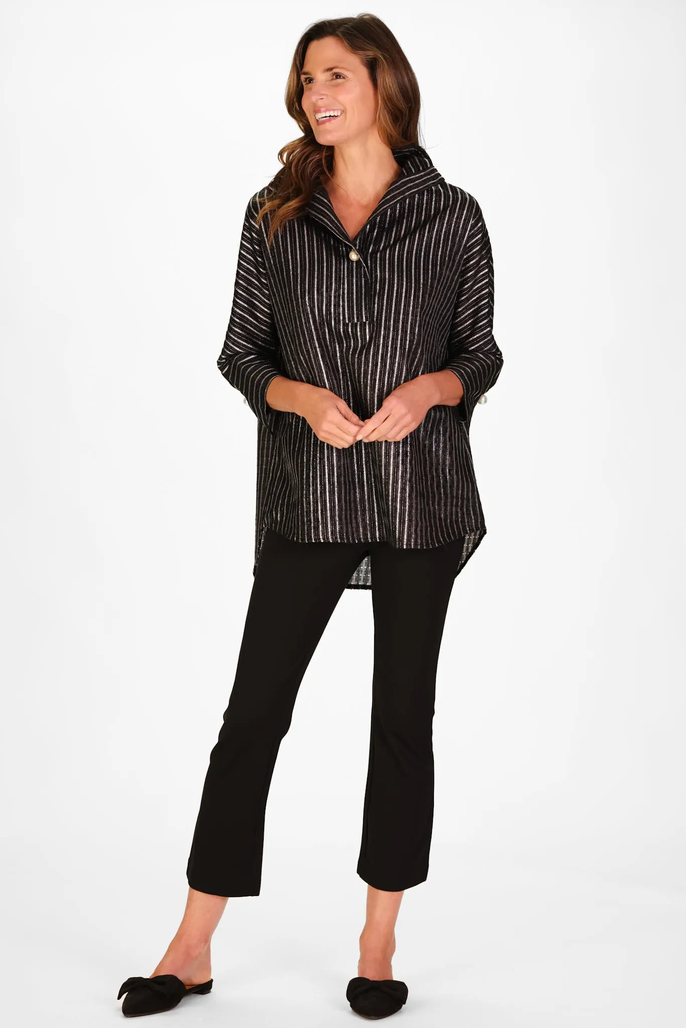 Joanna Popover in Black Clipped Metallic Silver Stripe