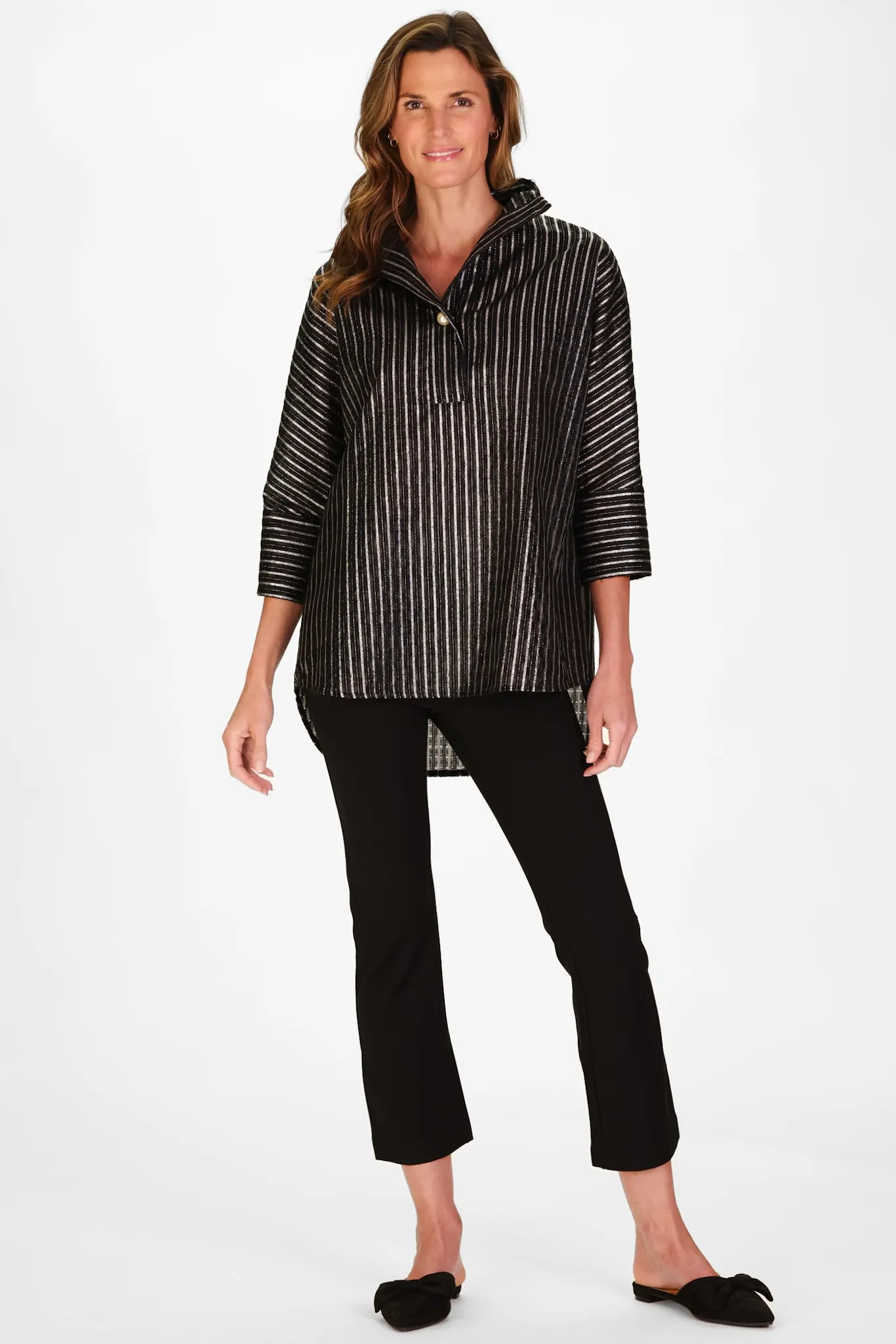 Joanna Popover in Black Clipped Metallic Silver Stripe