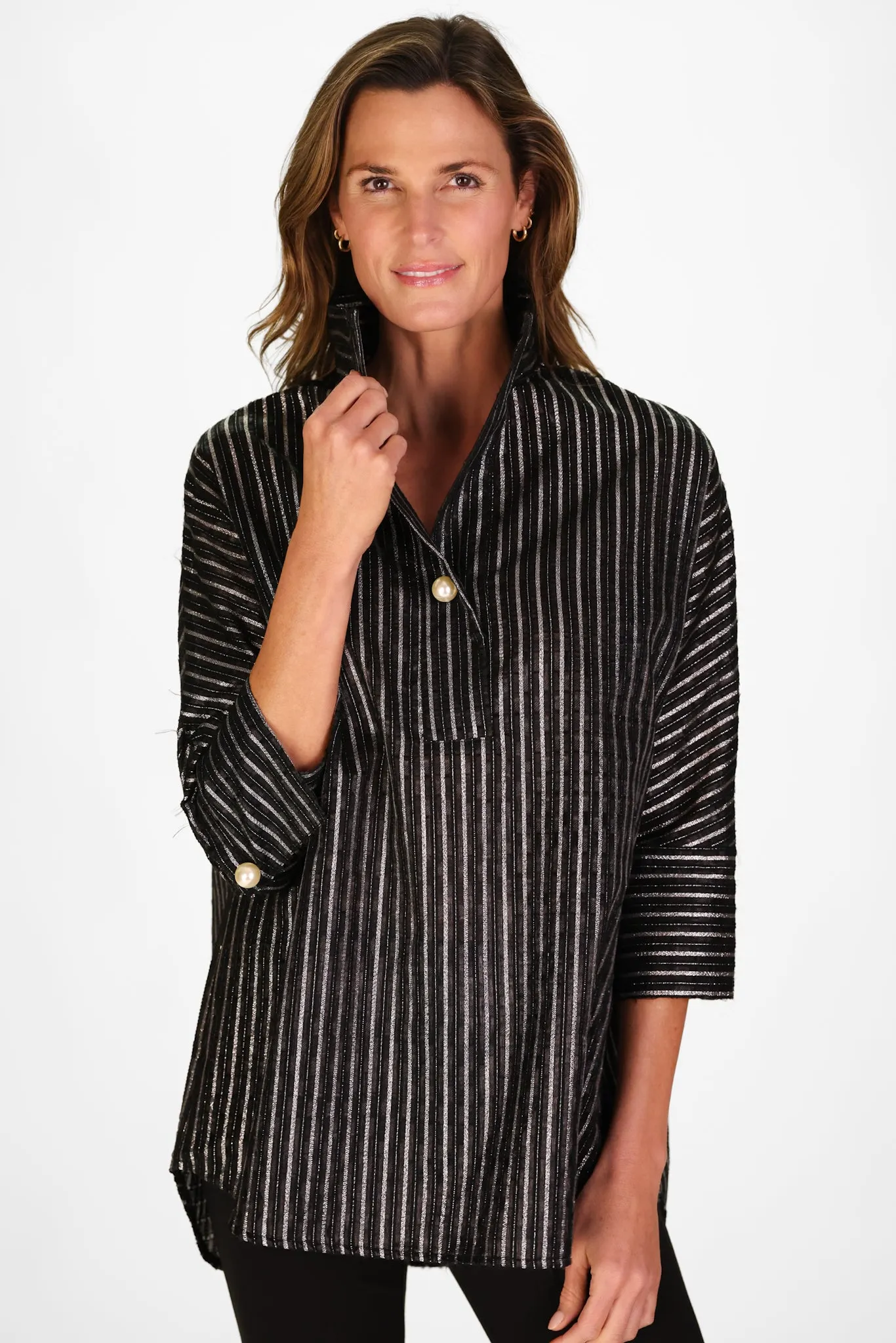 Joanna Popover in Black Clipped Metallic Silver Stripe