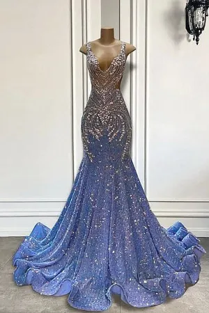 kamahe Sparkle Beaded Sequin Mermaid SIiver Beaded Prom Dresses