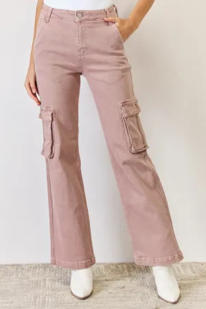 Light Pink High Rise Cargo Wide Leg Jeans Petite and Plus Size Luxury Cotton Premium Jeans