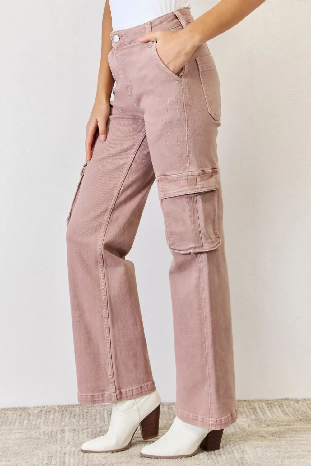 Light Pink High Rise Cargo Wide Leg Jeans Petite and Plus Size Luxury Cotton Premium Jeans